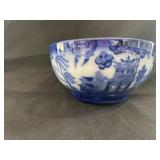 Flow Blue Bowl, Willow and Pagoda, 8", Hairline