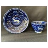 Flow Blue, Ewe & Lamb Cup & Saucer, "Joseph