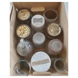 Box Lot Of Assorted Vintage Glass Jars & More