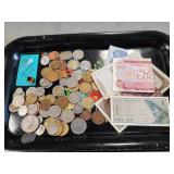 Tray Of Assorted Foreign Coins, Currency & More