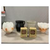 Stoneware & Pottery Crocks, Milk Glass Shades,