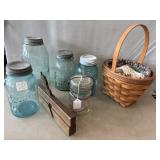 Longaberger Egg Basket 1995, 4 Blue Ball Jars,