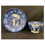 Flow Blue Cup & Saucer, Ladies in Garden with