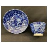 Flow Blue Cup & Saucer, " LaFayette Looking at