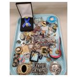 Tray Of Assorted Jewelry, Pins, Belt Buckles &