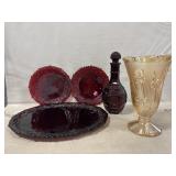 Carnival Glass Vase w/ Ruby Red Glass Dishes