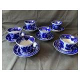 "The Temple" Flow Blue set of 6 cups & saucers,