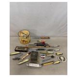Boy Scout Sharpening Stone, Camel Tin & Knives