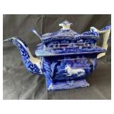 Flow Blue Teapot with Sheep , 7 1/4" x 12"With