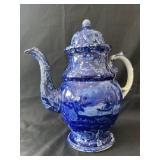 Flow Blue Coffee Pot "Wadsworth Tower",11 1/2"