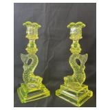 Cambridge Dolphin Candlesticks in Uranium Glass