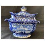 Flow Blue Sugar Bowl with Lid, Cottage with
