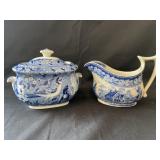 Flow Blue Sugar Bowl with Bird Plus a Creamer