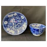 Flow Blue Cup & Saucer w/ Flower Vase, Adams,