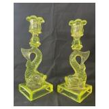 Cambridge Dolphin Candlesticks Pair, Uranium