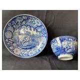 Flow Blue, Girl Milking Cow Cup & Saucer