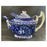 Flow Blue Floral Teapot, lid repaired, chips