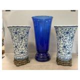 Contemporary Porcelain Floral Vases, Cobalt Glass