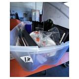 office supplies in clear tub