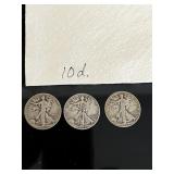 3 Walking Liberty 1/2 Dollars 1943