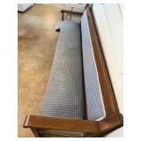 8 foot Wood Bench With arms Blue and white seat