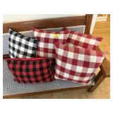 (5) Red and white pillows 2 plaid pillows