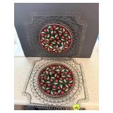 2 Hanging plates Black with cherries and wire Fram