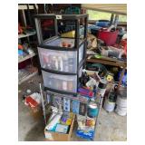 Plastic container, metal shelf and contents