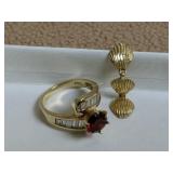 14k gold ring with redstone, single earring 3.4