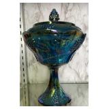 Grape Pattern Carnival Glass Covered Candy Dish Grape Pattern Carnival Glass Covered Candy Dish