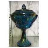 Grape Pattern Carnival Glass Covered Candy Dish