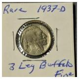 Rare 1937-d Three-legged Buffalo Nickel Fine Rare 1937-d Three-legged Buffalo Nickel Fine