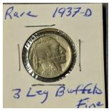 Rare 1937-d Three-legged Buffalo Nickel Fine