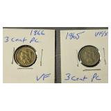 Two 3 Cent Coins. 1865 Very Fine, 1866 Very Fine Two 3 Cent Coins. 1865 Very Fine, 1866 Very Fine