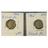 Two 3 Cent Coins. 1865 Very Fine, 1866 Very Fine