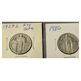 2 Standing Liberty Quarters. 1927 S Key Date, 2 Standing Liberty Quarters. 1927 S Key Date,