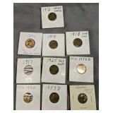 10 Pennies. 1912, 1953 - D, 1914, 1918, 1956 D,