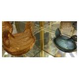 2 Hen On Nests, Carnival Glass, Amber Glass 2 Hen On Nests, Carnival Glass, Amber Glass