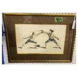 French Hand Colored Etching Of Two Men Fencing French Hand Colored Etching Of Two Men Fencing