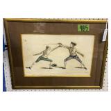 French Hand Colored Etching Of Two Men Fencing