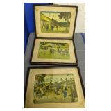 3 Oriental Block Prints. 15" Wide. Water Staining