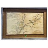 Oriental Silk Painting Of A Bird On A Branch.