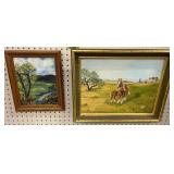 2 Oil Paintings On Board. Horses On Farm,