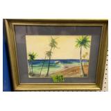 Signed Watercolor Painting Palm Trees On Beach.