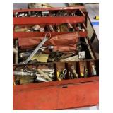 Red Metal Tool Box With Assorted Tools. Mac