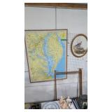 Framed Chesapeake Bay map bird picture wooden rack