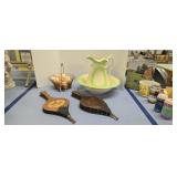 Bellows wash bowl and pitcher basket of eggshells