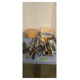Lot of kitchen knives utensils towels etc