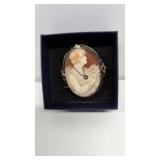 Large Antique 14k Ladies Cameo Pin With Diamond