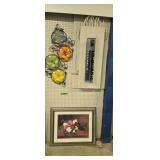 Framed floral print and metal hanging artwork